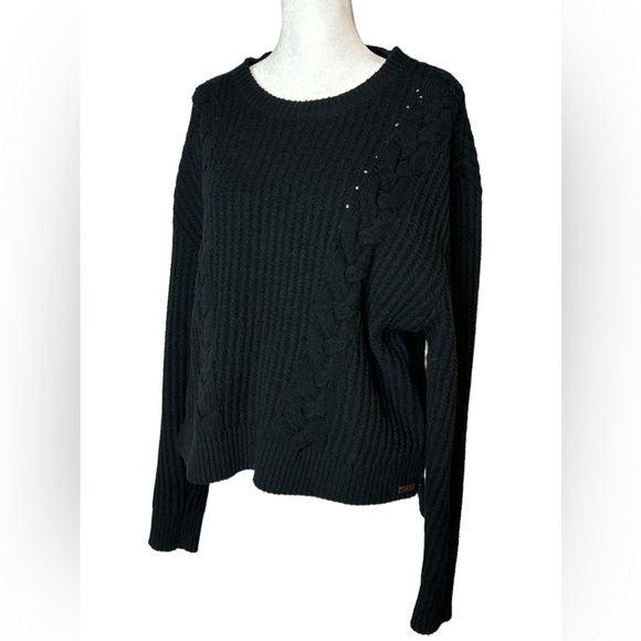 Cable Knit Crewneck Sweater by RVCA, Cropped, Sz Large, Zippers on Sides, Black - Picture 11 of 12